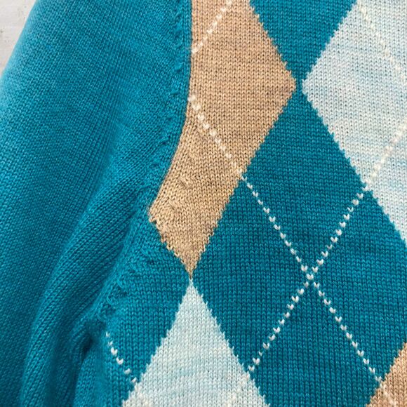 Talbots Sweater Size XS Argyle Merino Wool Teal Tie Neck Italian Preppy - Picture 7 of 16